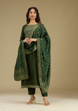 Women's Bottle Green Zariwork Semi Crepe Readymade Salwar Suit