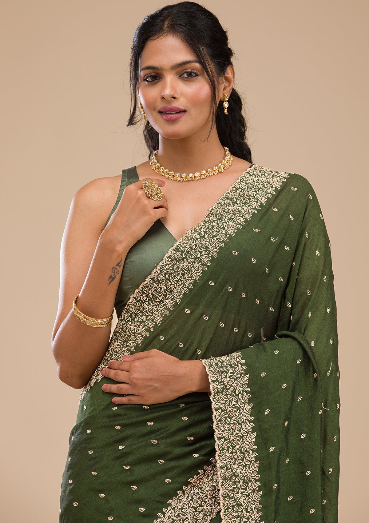 Women's Bottle Green Zariwork Soft Silk Saree