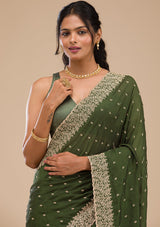 Women's Bottle Green Zariwork Soft Silk Saree