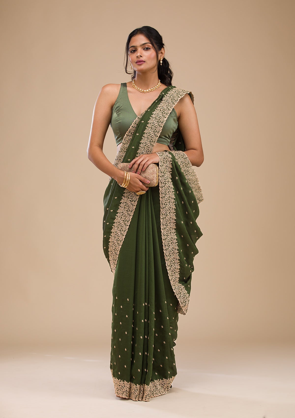 Women's Bottle Green Zariwork Soft Silk Saree