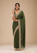 Women's Bottle Green Zariwork Soft Silk Saree