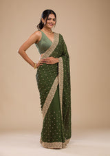 Women's Bottle Green Zariwork Soft Silk Saree