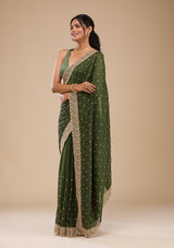 Women's Bottle Green Zariwork Soft Silk Saree
