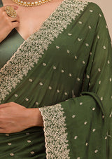 Women's Bottle Green Zariwork Soft Silk Saree