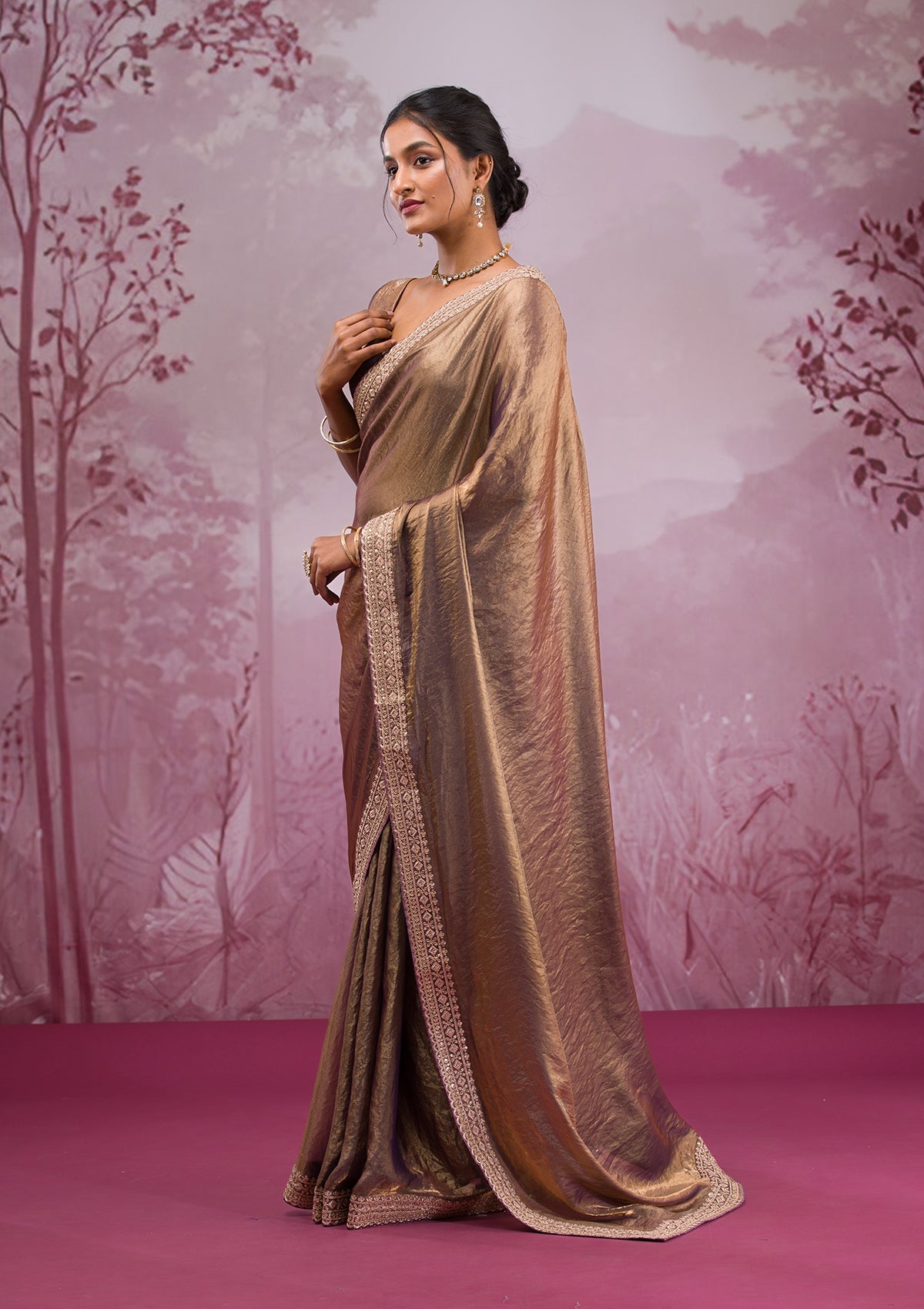 Women's Bronze Threadwork Tissue Saree