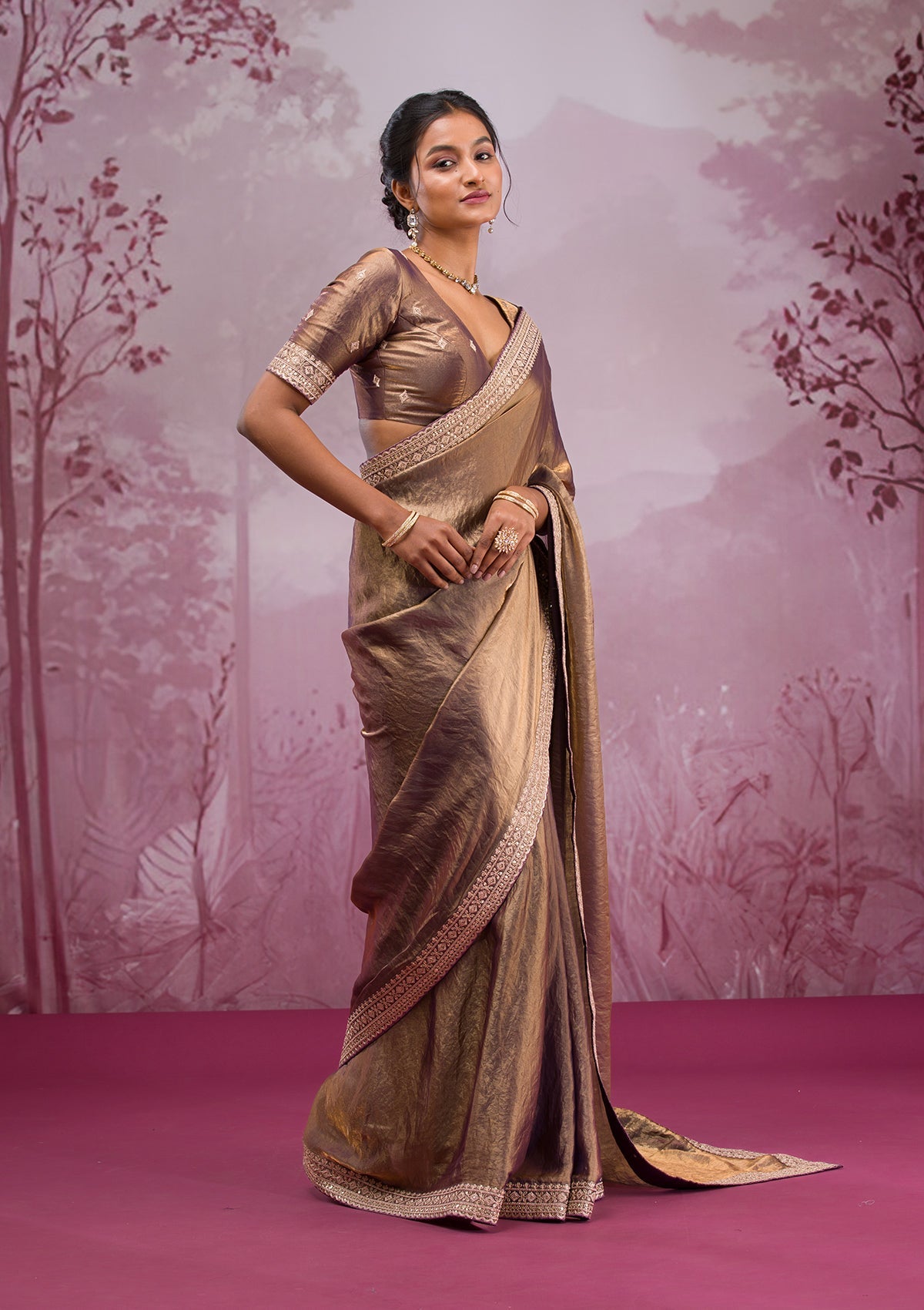 Women's Bronze Threadwork Tissue Saree