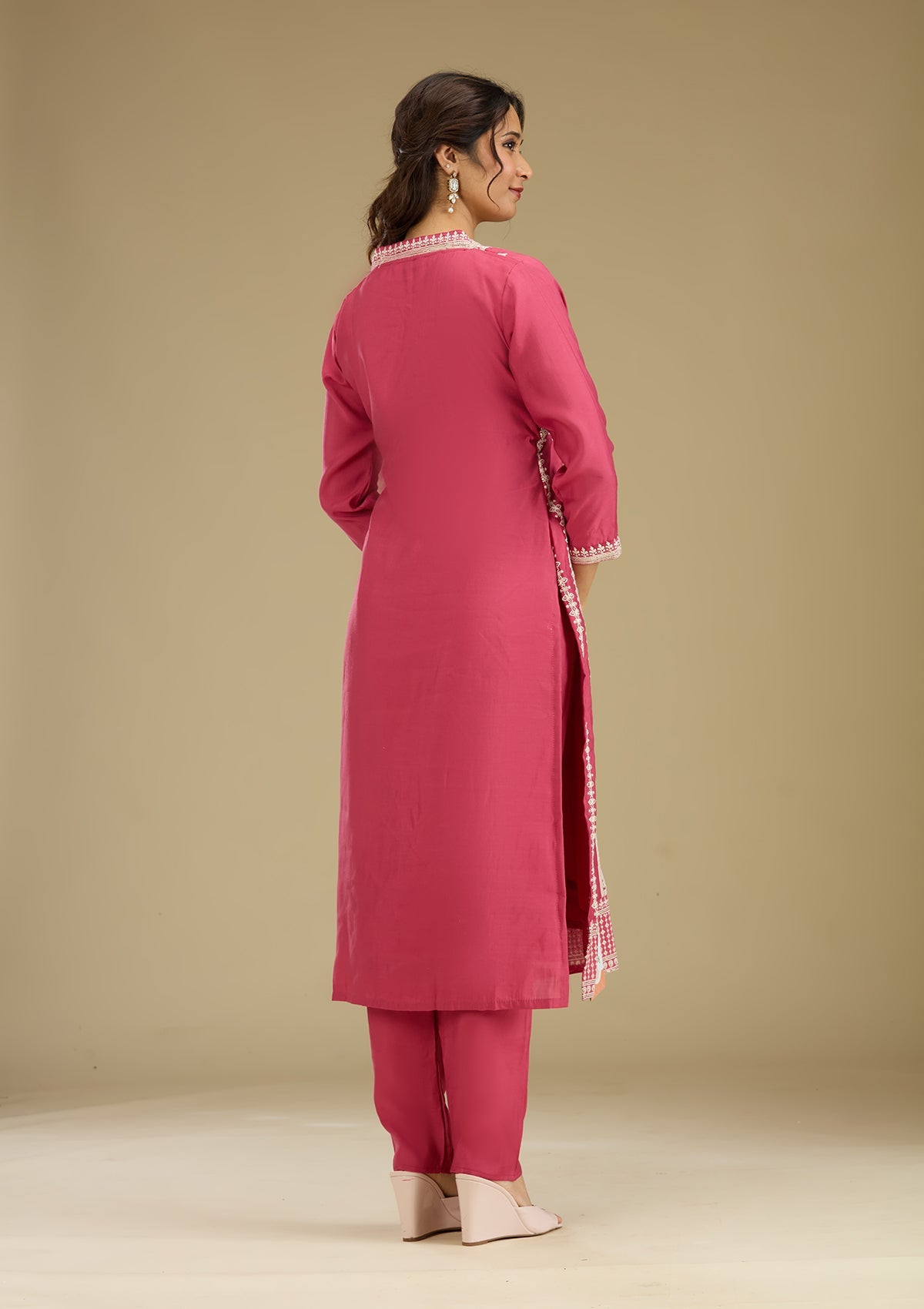 Women's Dark Onion Pink Threadwork Semi Crepe Readymade Salwar Suit