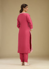 Women's Dark Onion Pink Threadwork Semi Crepe Readymade Salwar Suit