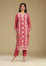 Women's Dark Onion Pink Threadwork Semi Crepe Readymade Salwar Suit