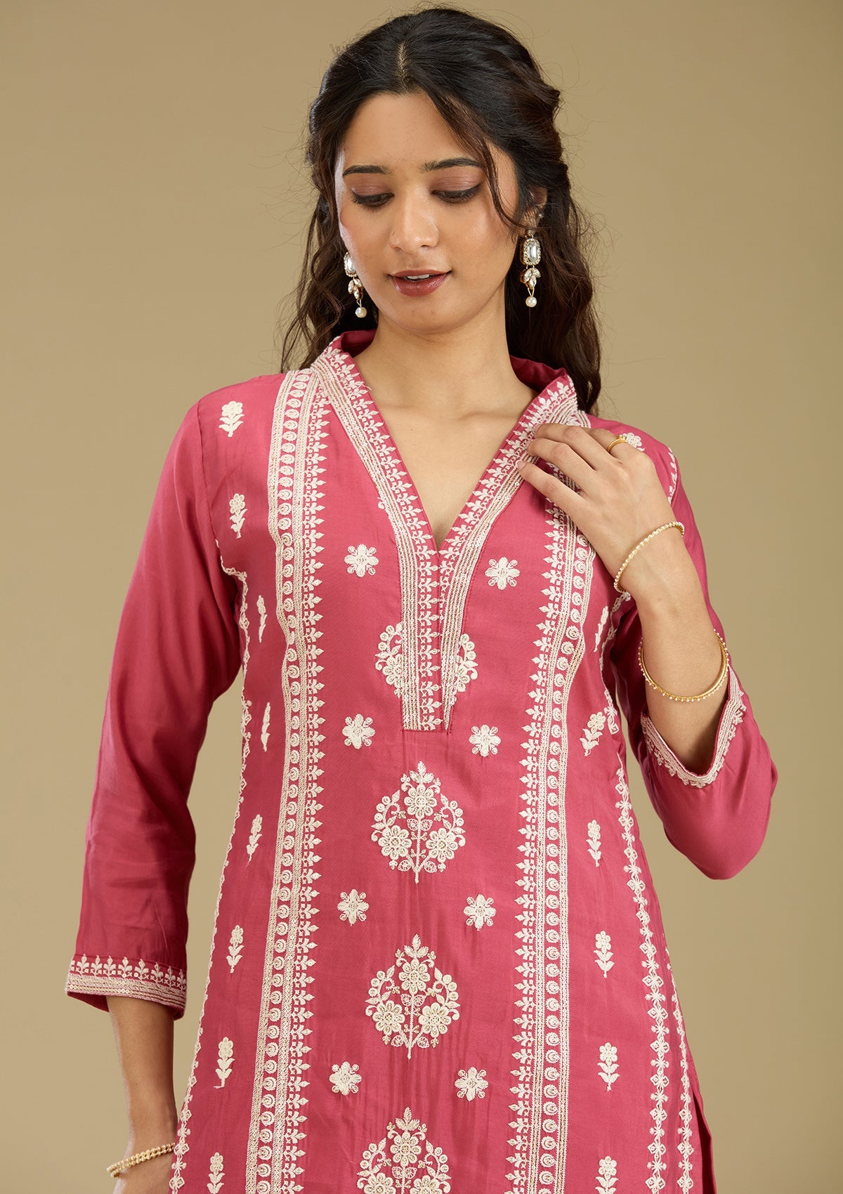 Women's Dark Onion Pink Threadwork Semi Crepe Readymade Salwar Suit