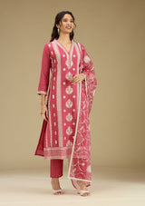 Women's Dark Onion Pink Threadwork Semi Crepe Readymade Salwar Suit