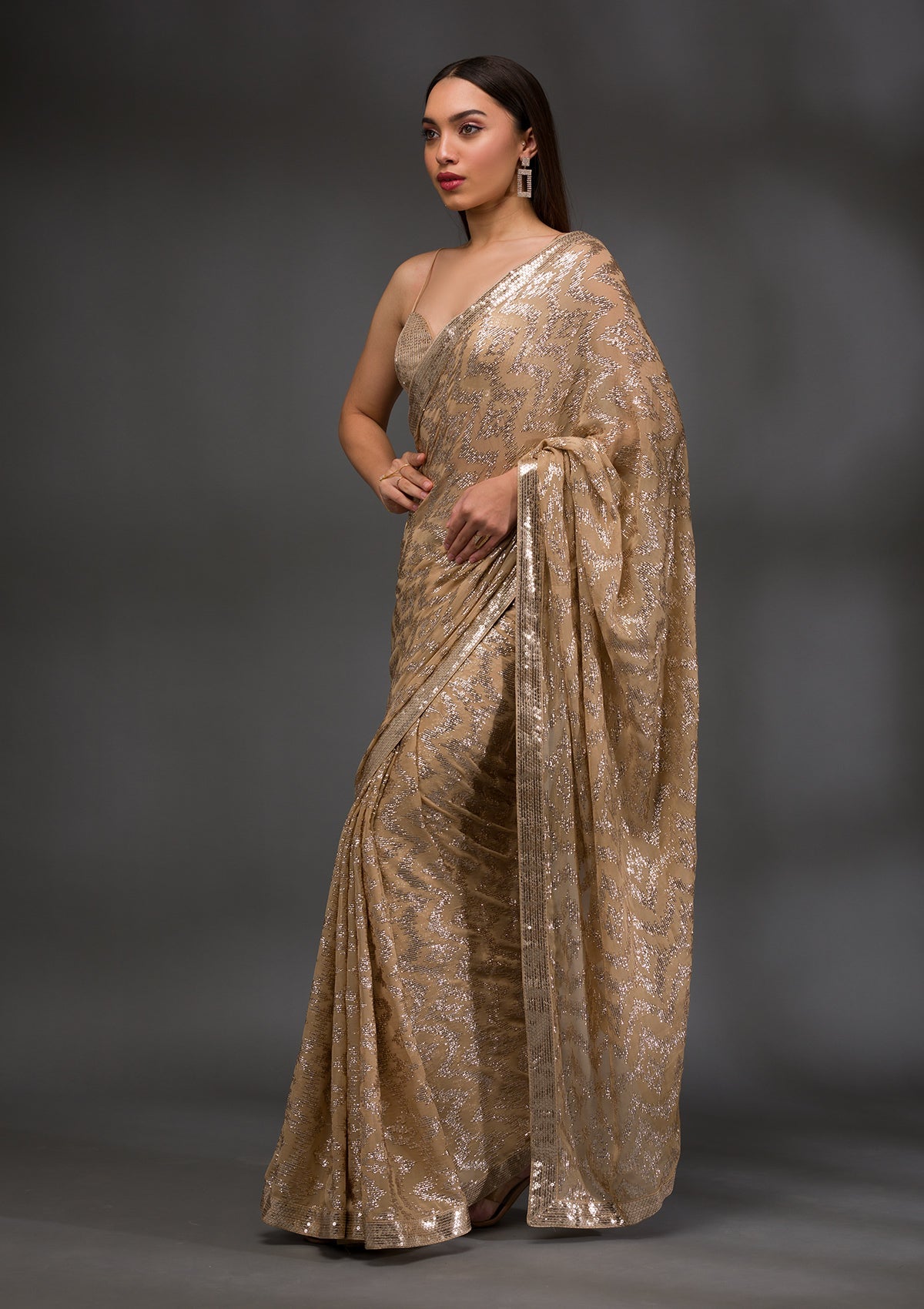 Women's Gold Sequins Georgette Saree