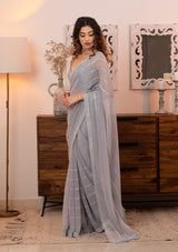 Women's Grey Sequins Chiffon Designer Saree
