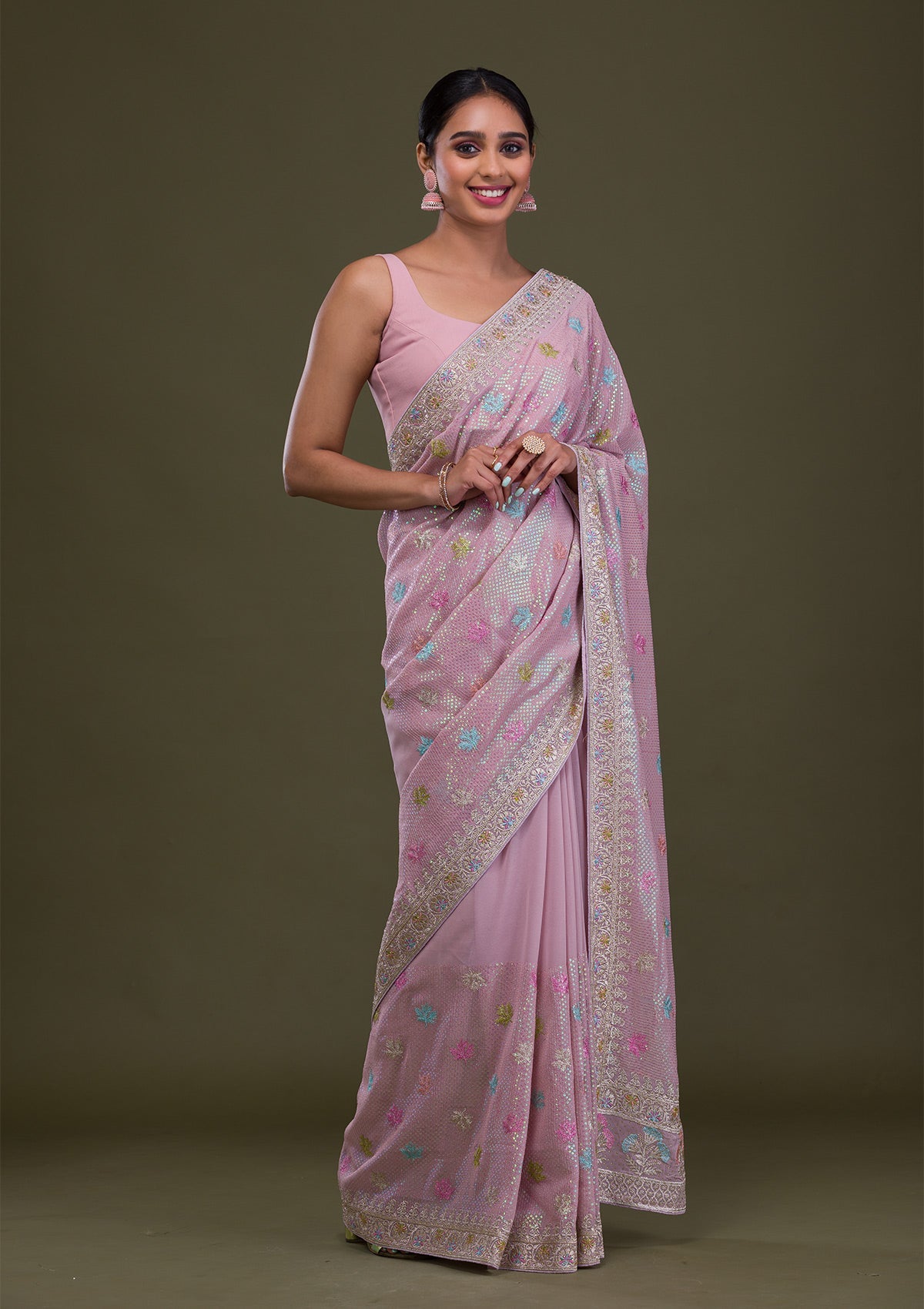 Women's Purple Sequins Georgette Saree