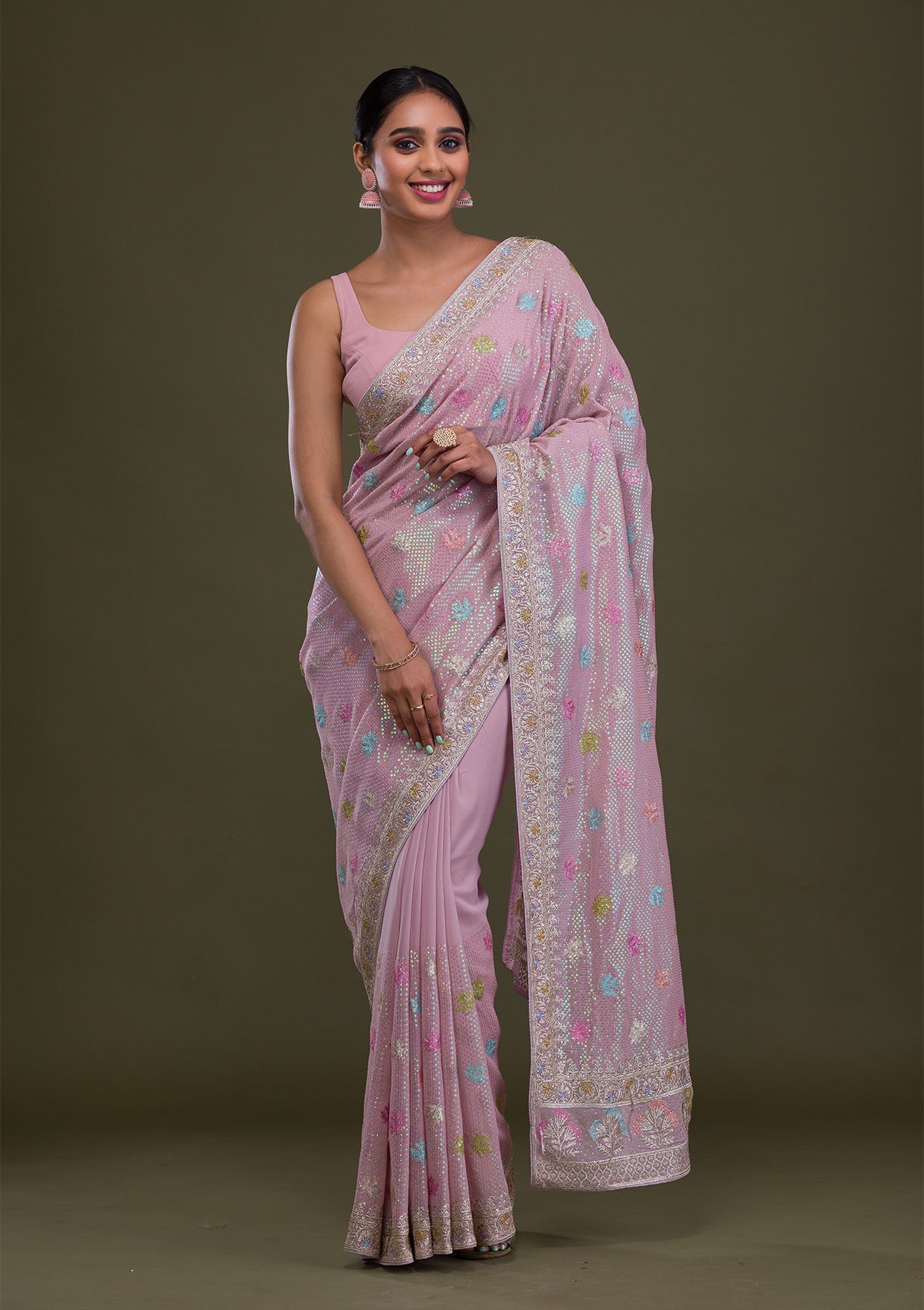 Women's Purple Sequins Georgette Saree