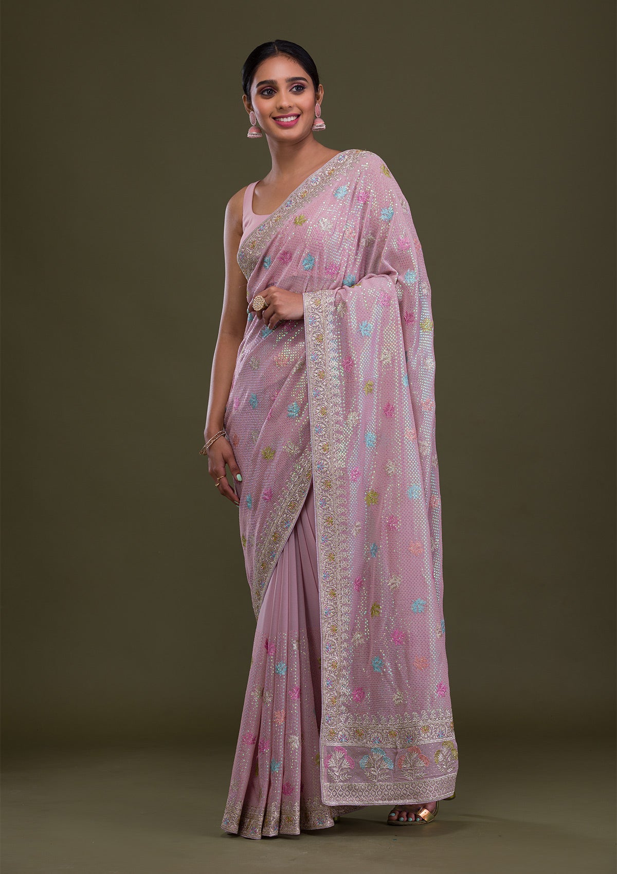 Women's Purple Sequins Georgette Saree
