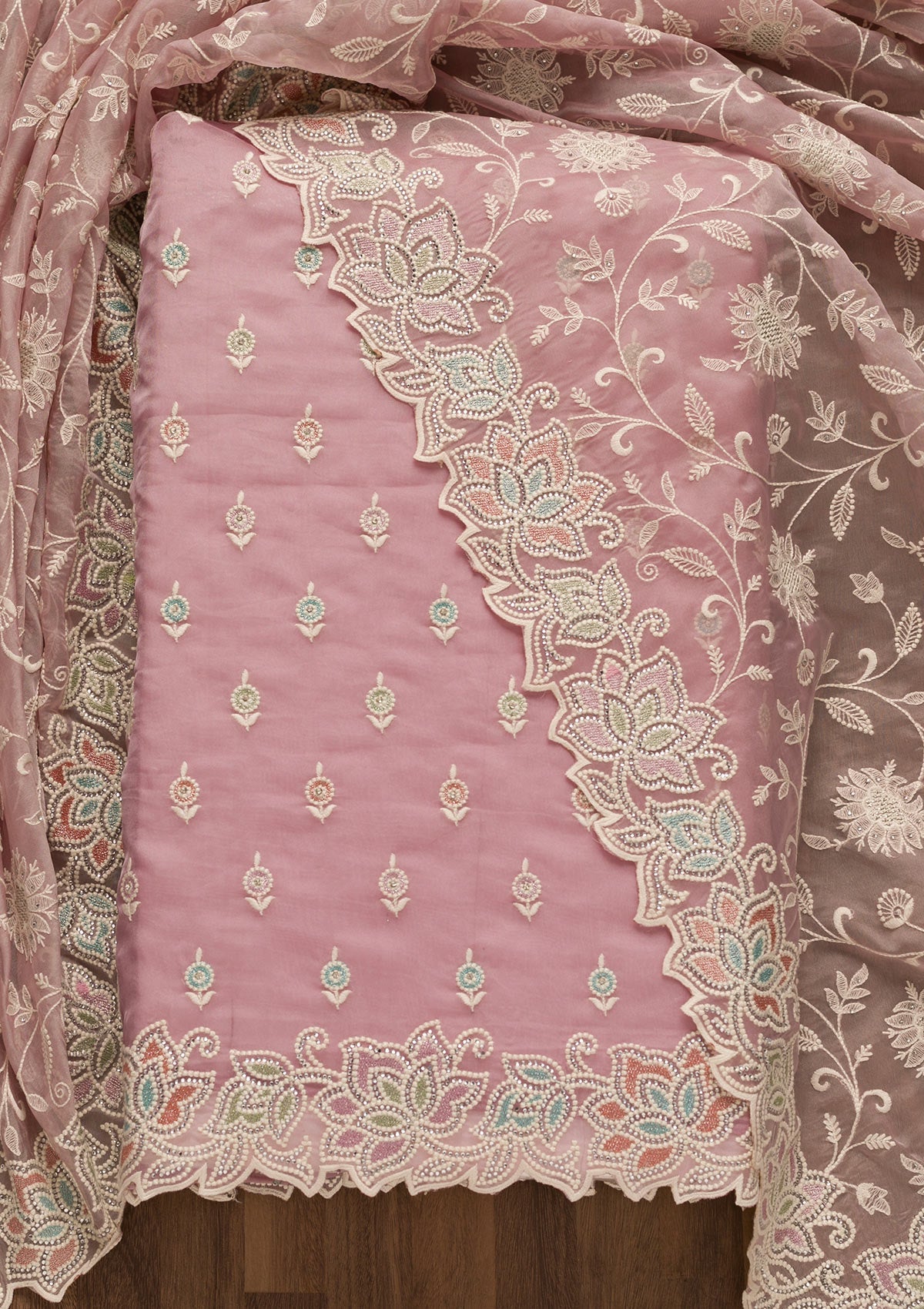 Women's Pink Sequins Organza Unstitched Salwar Suit