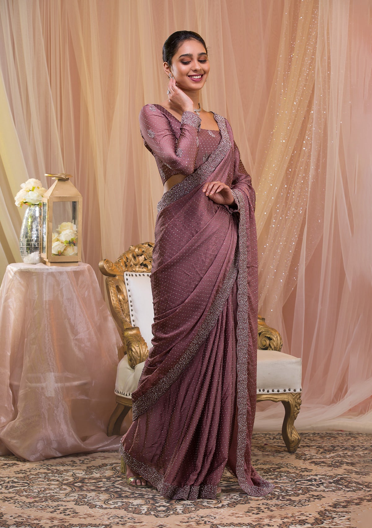 Women's Lavender Stonework Crepe Designer Saree