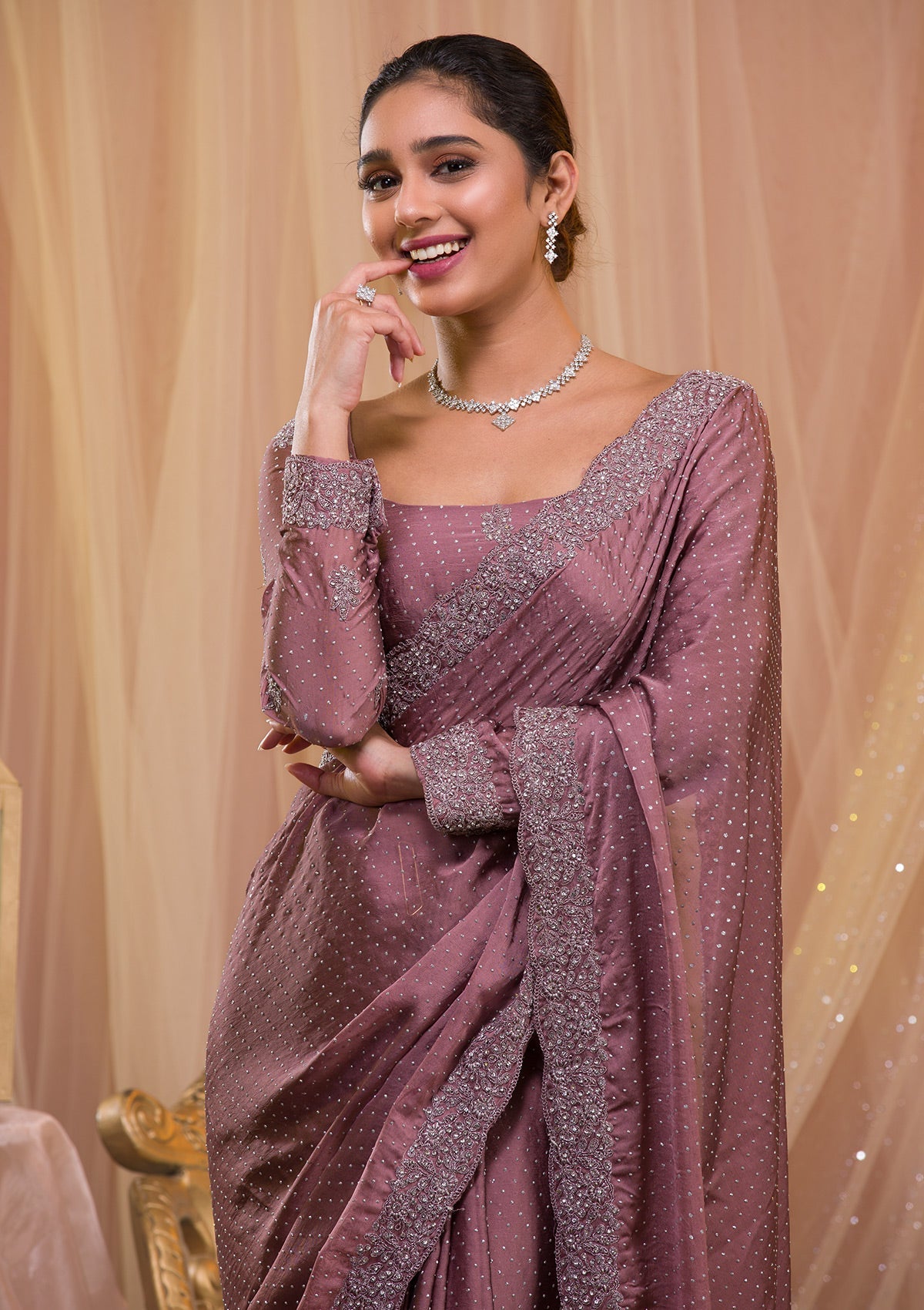 Women's Lavender Stonework Crepe Designer Saree