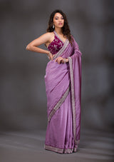 Women's Lavender Threadwork Raw Silk Saree