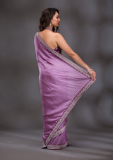 Women's Lavender Threadwork Raw Silk Saree