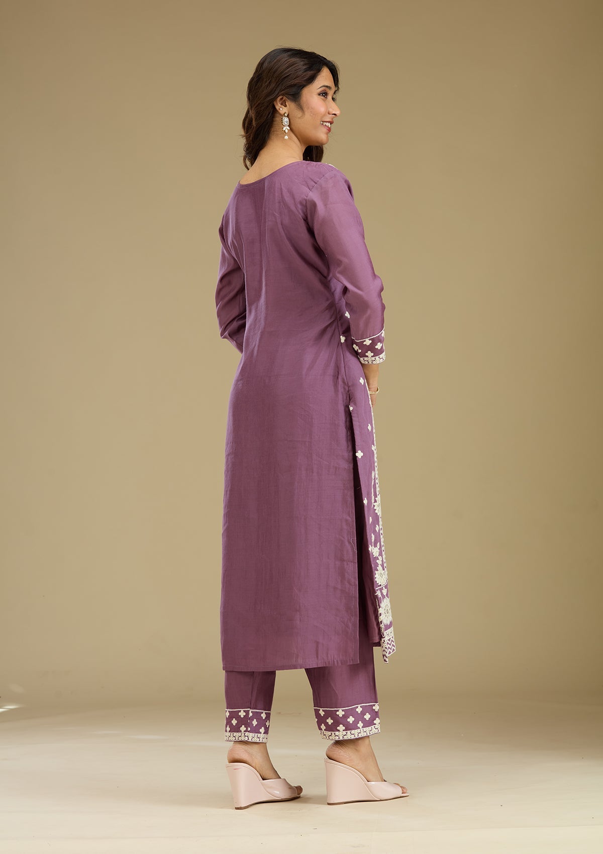 Women's Purple Threadwork Semi Crepe Readymade Salwar Suit