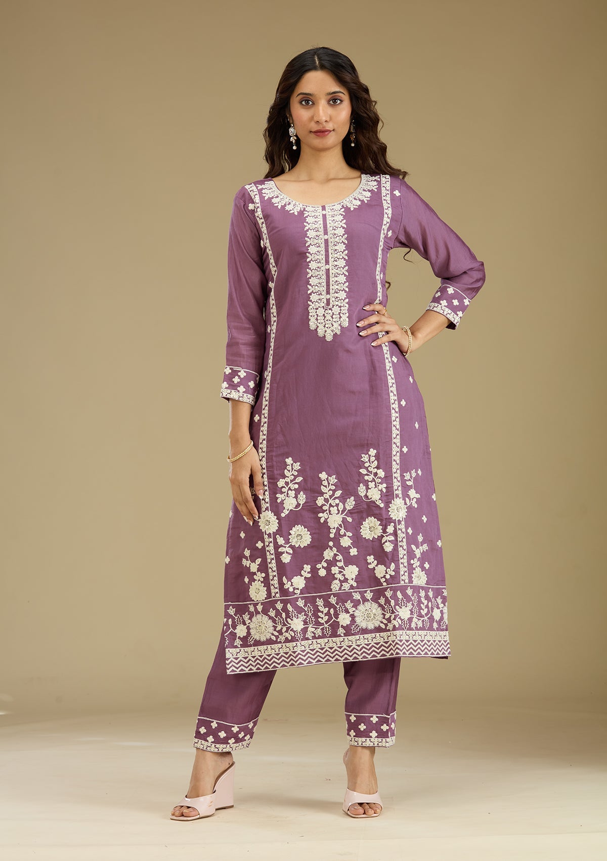 Women's Purple Threadwork Semi Crepe Readymade Salwar Suit