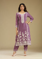 Women's Purple Threadwork Semi Crepe Readymade Salwar Suit