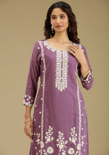 Women's Purple Threadwork Semi Crepe Readymade Salwar Suit