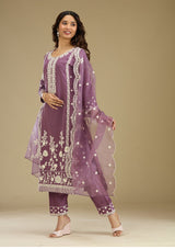 Women's Purple Threadwork Semi Crepe Readymade Salwar Suit