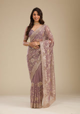 Women's Light Brown Zariwork Tissue Saree