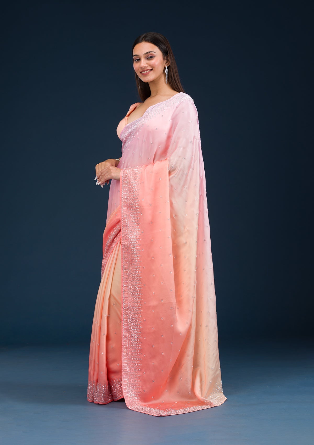 Women's Pink Stonework Satin Saree