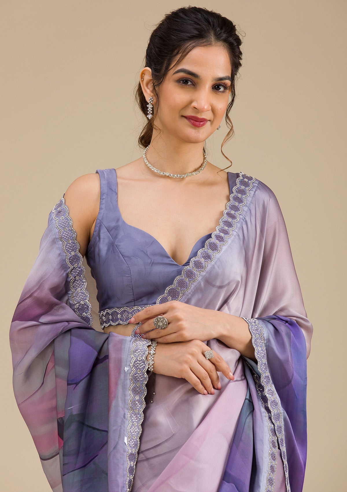 Women's Grey Printed Satin Saree