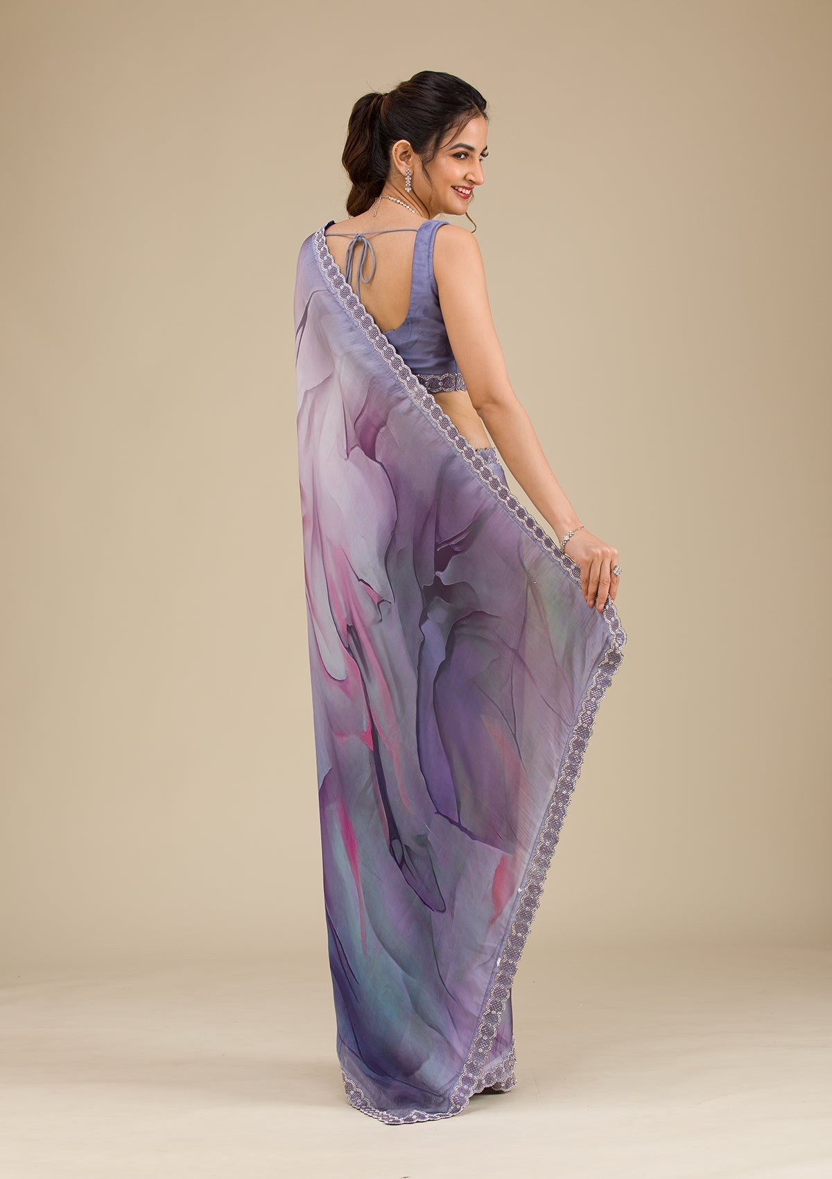 Women's Grey Printed Satin Saree