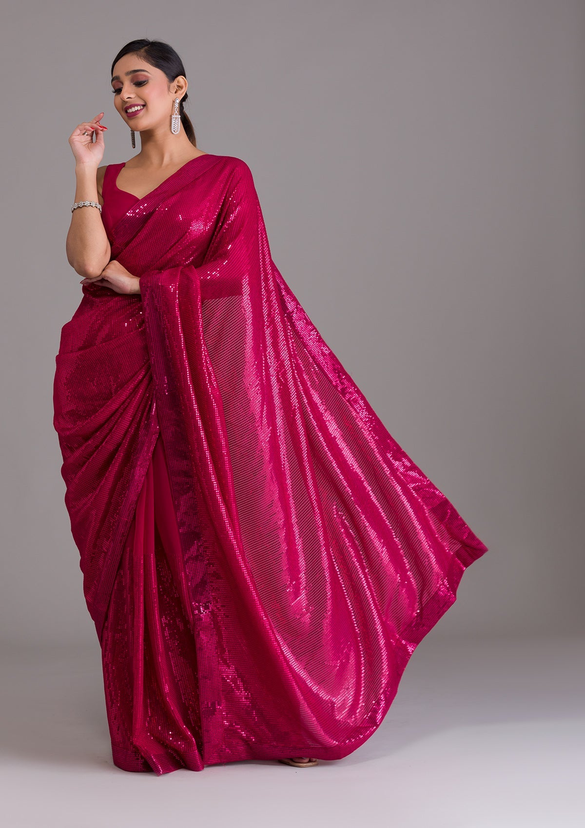 Women's Rani Pink Sequins Georgette Designer Saree