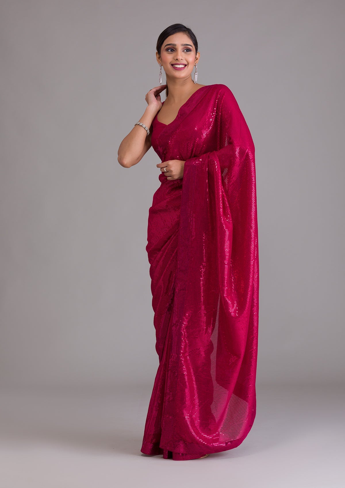 Women's Rani Pink Sequins Georgette Designer Saree