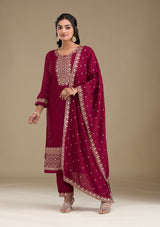 Women's Red Zariwork Art Silk Readymade Salwar Suit