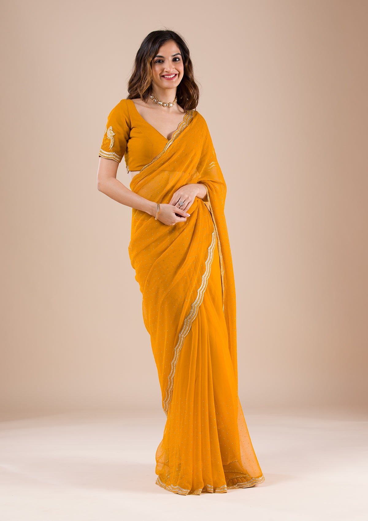 Women's Mustard Stonework Chiffon Saree