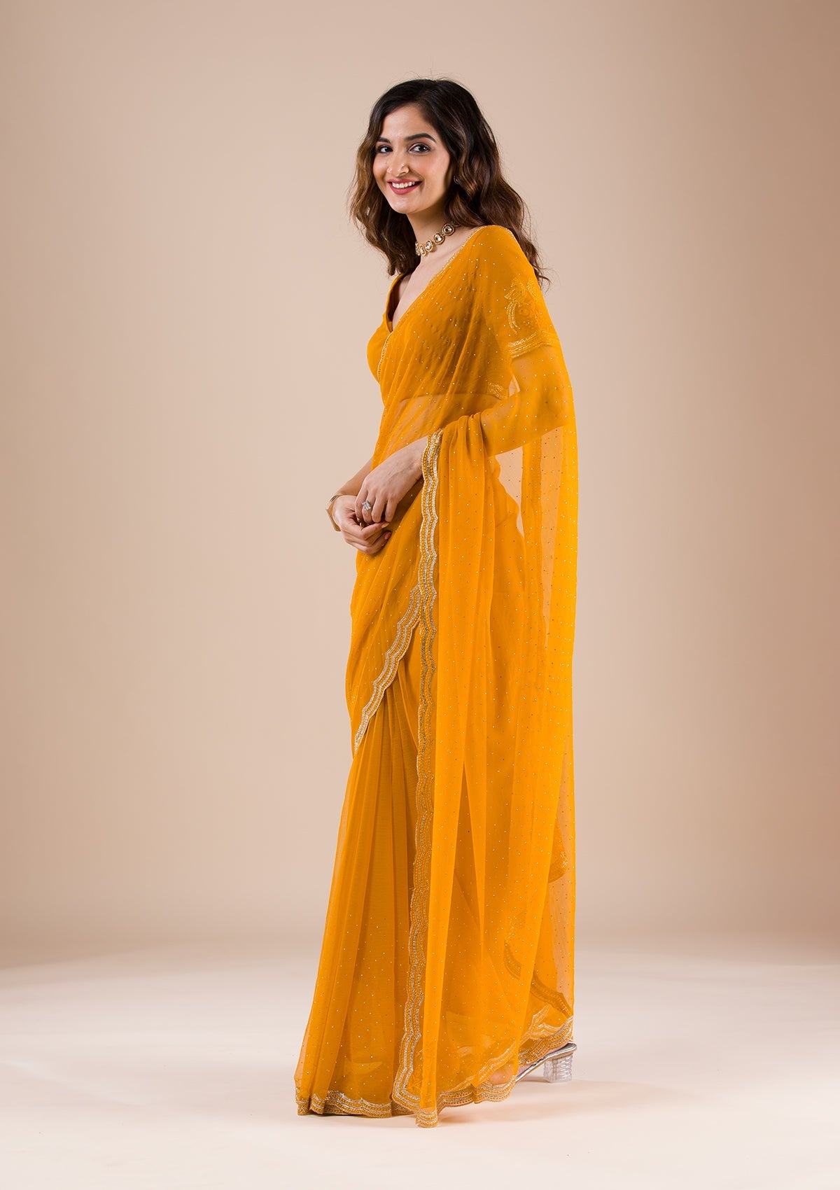 Women's Mustard Stonework Chiffon Saree