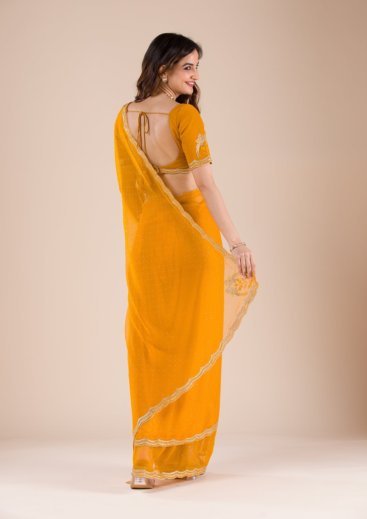 Women's Mustard Stonework Chiffon Saree
