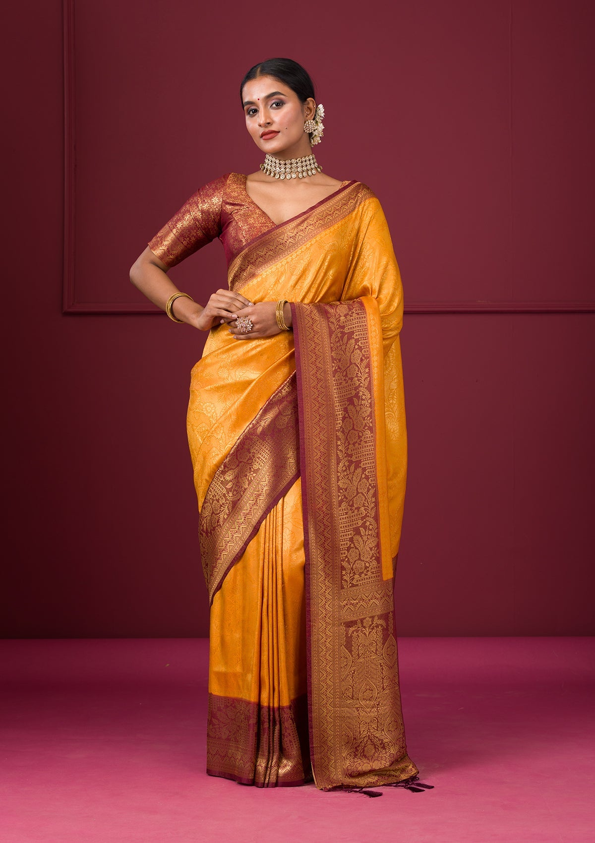 Women's Yellow Threadwork Soft Silk Saree