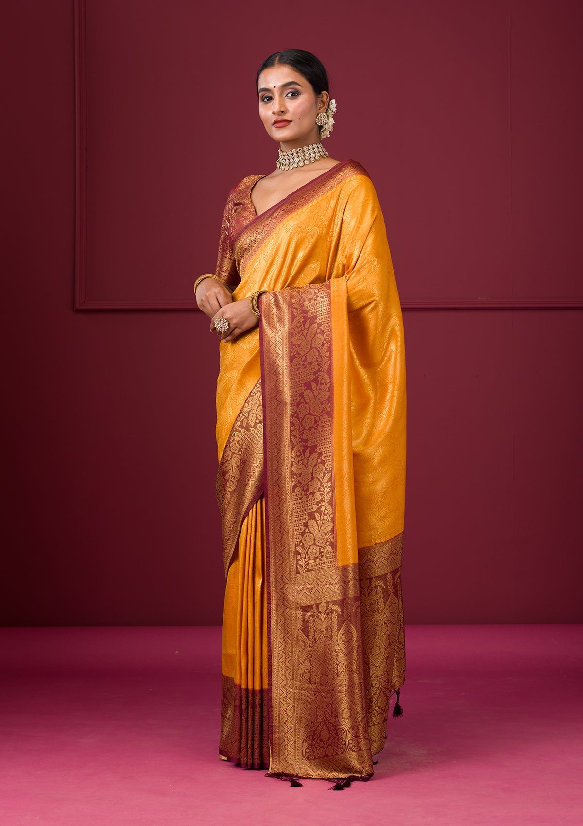 Women's Yellow Threadwork Soft Silk Saree