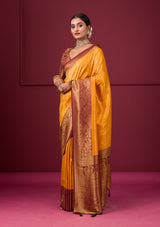 Women's Yellow Threadwork Soft Silk Saree