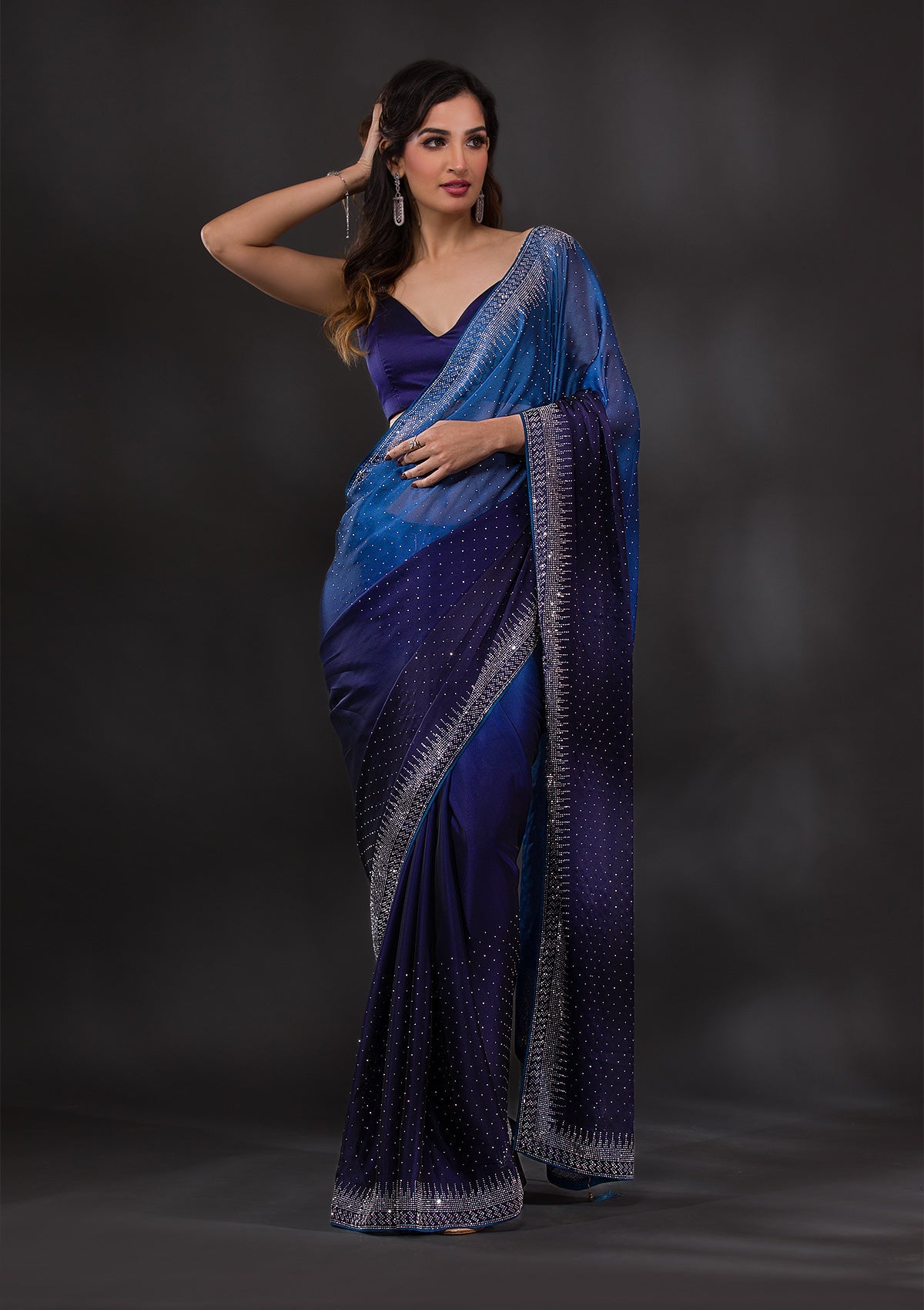 Women's Ombre Navy Blue Stonework Satin Designer Saree