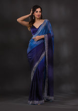 Women's Ombre Navy Blue Stonework Satin Designer Saree