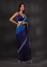 Women's Ombre Navy Blue Stonework Satin Designer Saree