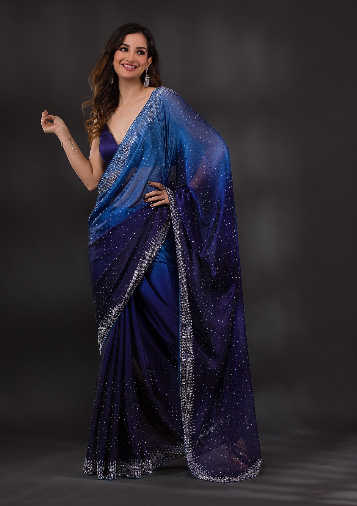 Women's Ombre Navy Blue Stonework Satin Designer Saree