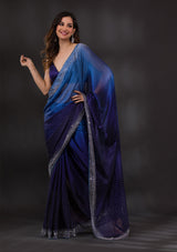 Women's Ombre Navy Blue Stonework Satin Designer Saree