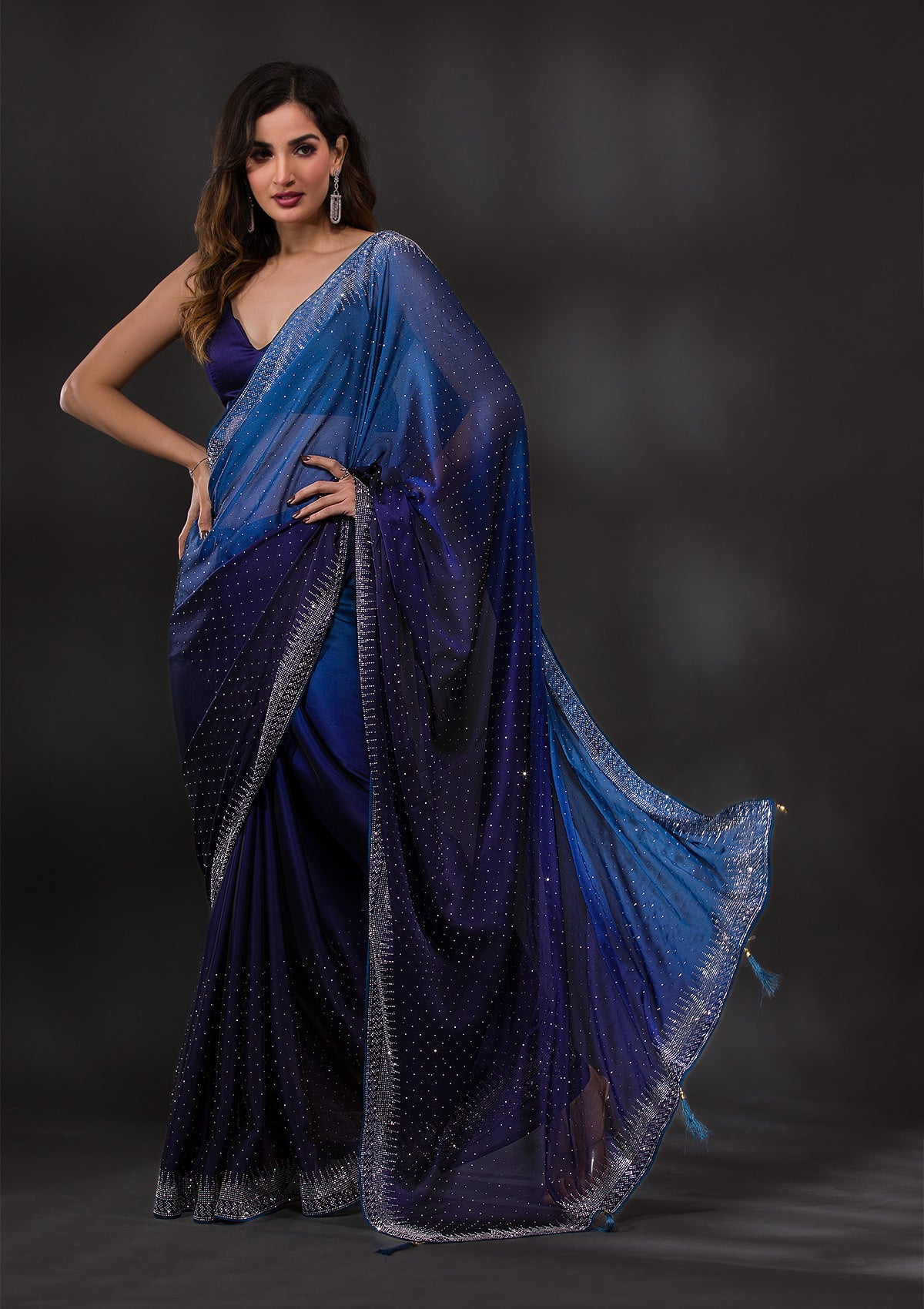 Women's Ombre Navy Blue Stonework Satin Designer Saree