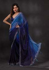 Women's Ombre Navy Blue Stonework Satin Designer Saree